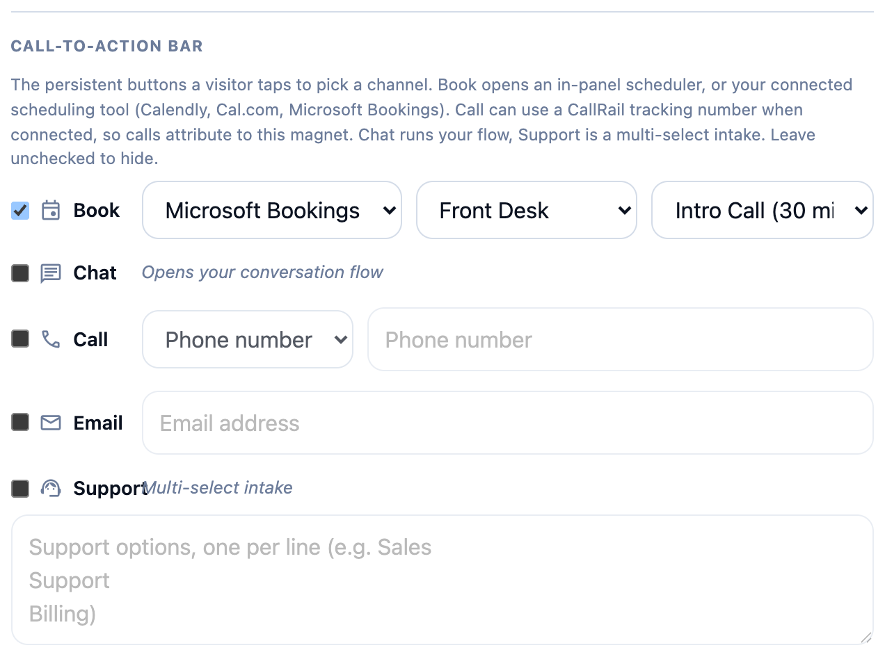 The magnet editor Book call-to-action set to a Microsoft Bookings page and service
