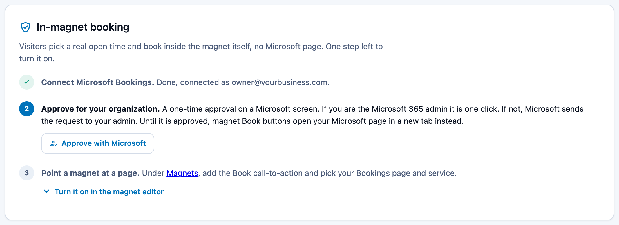 The Microsoft Bookings integration page showing the three setup steps