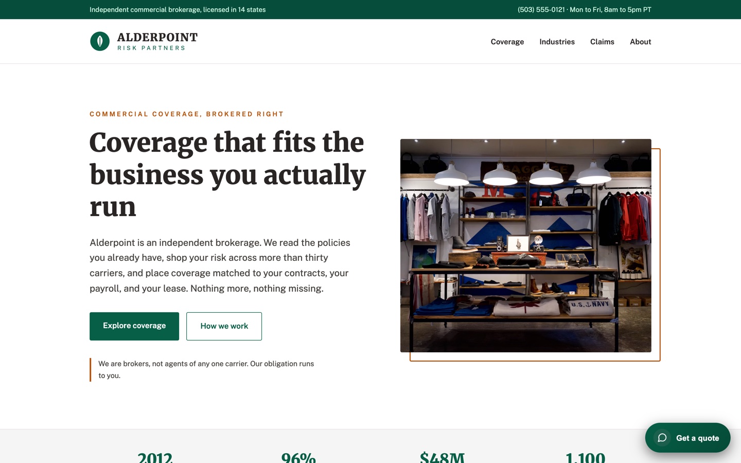 Alderpoint Risk Partners brokerage page before the exit intent pop-up appears