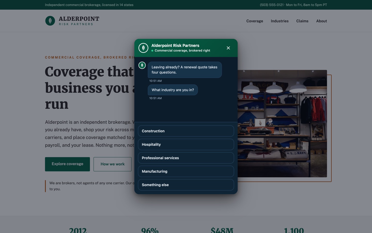 Alderpoint Risk Partners exit intent pop-up asking what industry the visitor is in