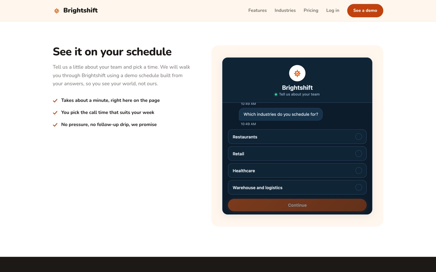Brightshift page section with the inline magnet where the demo form used to be