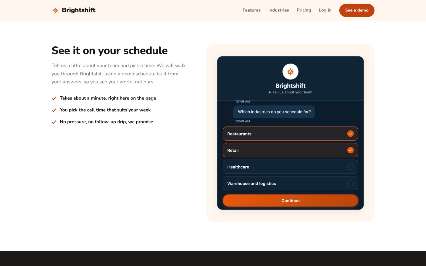 Brightshift inline flow with multiple industries selected in the multi-select step
