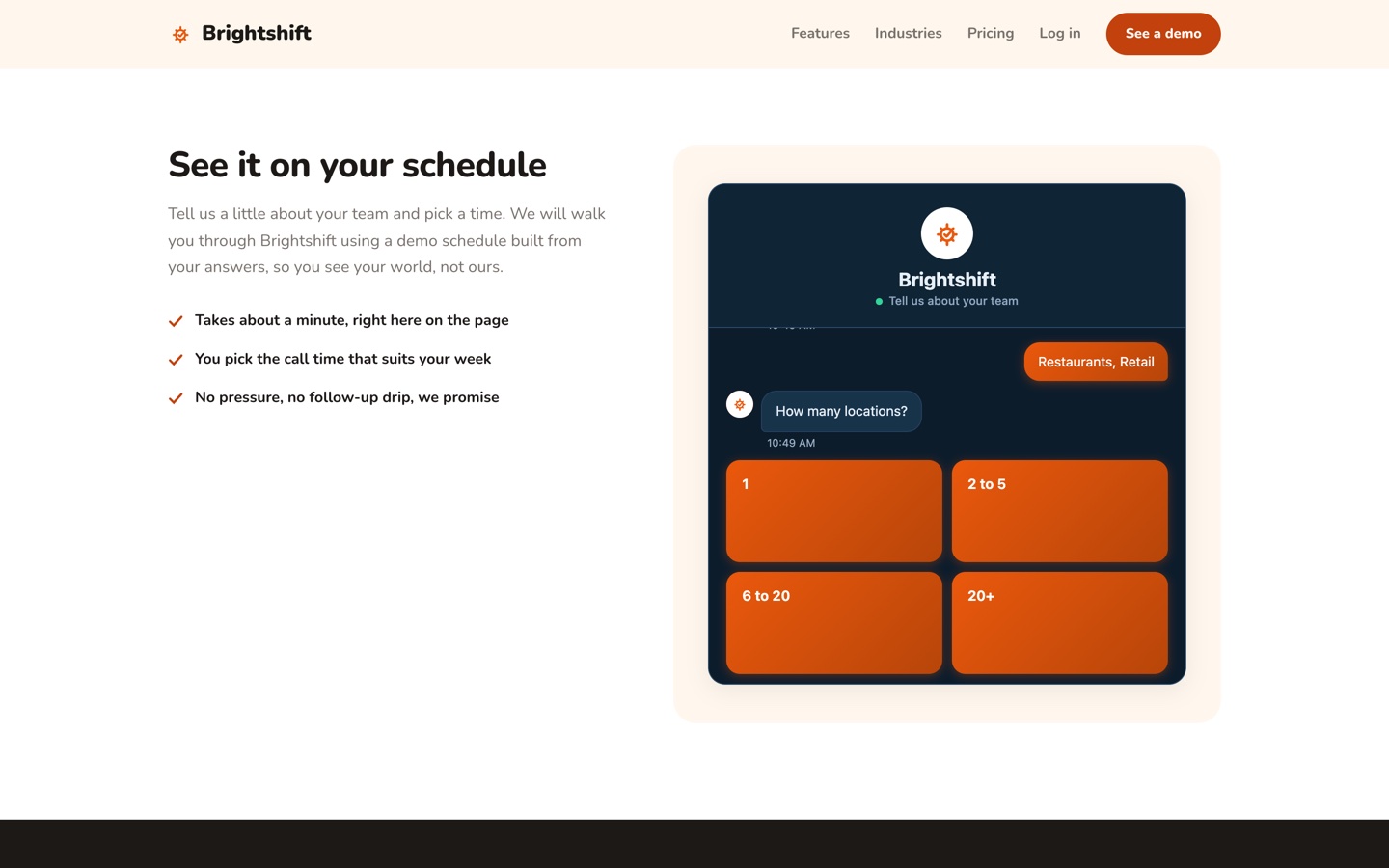 Brightshift inline flow asking how many locations the visitor schedules