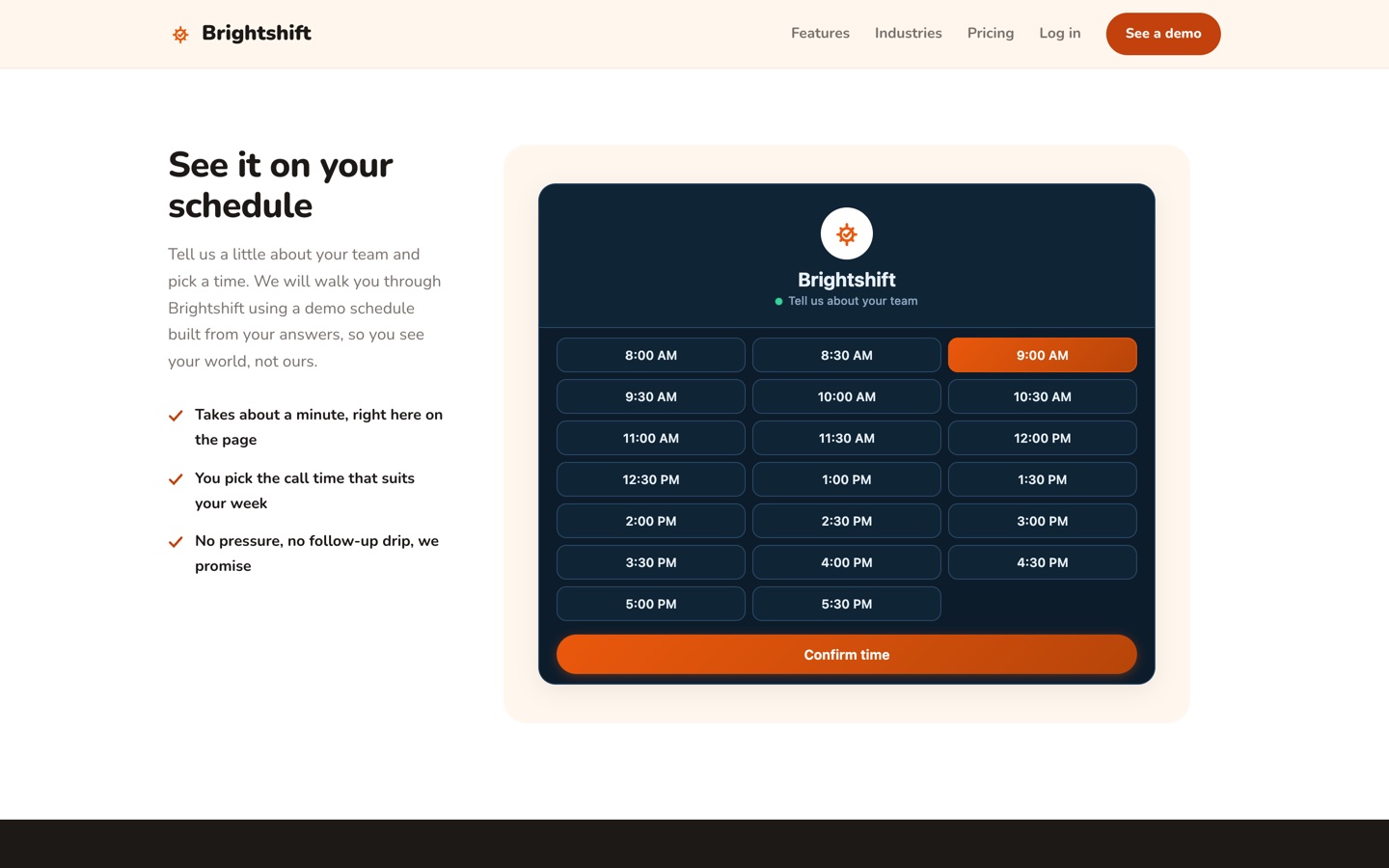 Brightshift scheduler with a demo call time selected