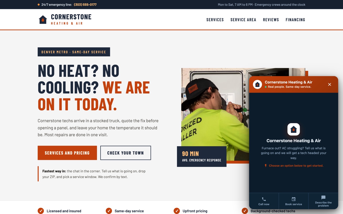 Cornerstone Heating and Air welcome hub with call now, book service, and describe the problem options