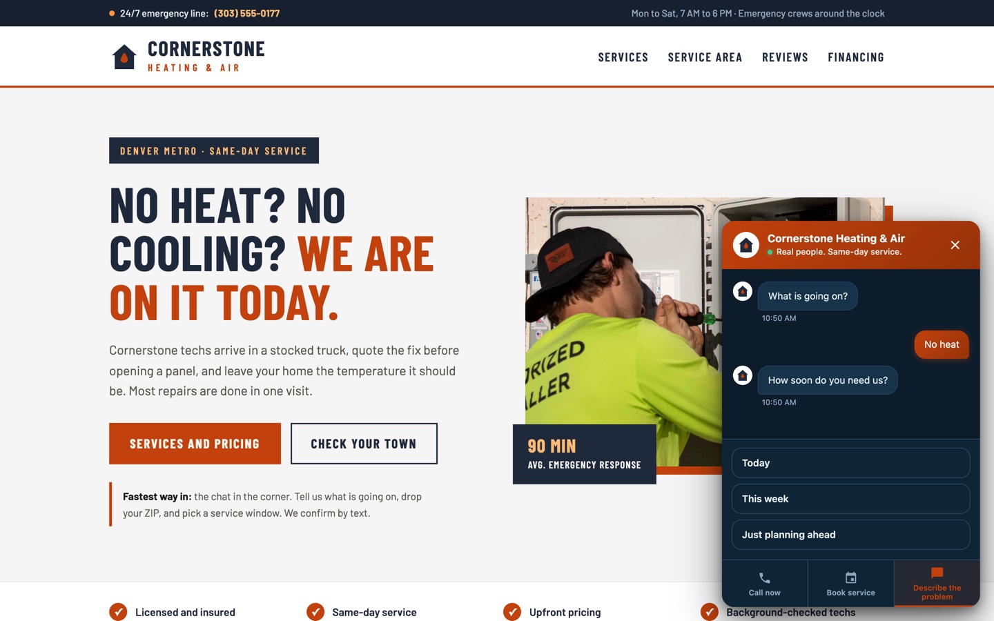 Cornerstone Heating and Air flow asking how soon the visitor needs service