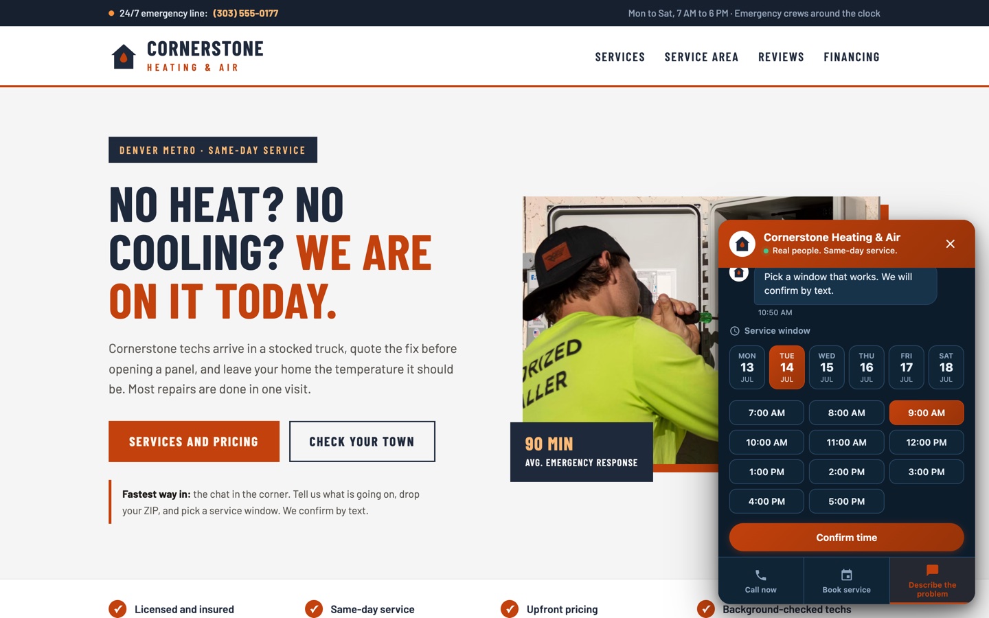 Cornerstone Heating and Air scheduler with a service window selected