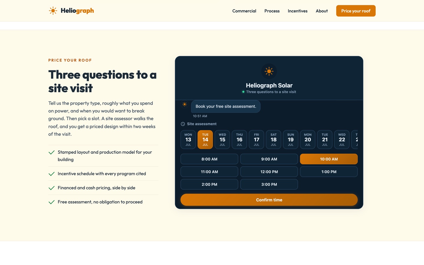 Heliograph Solar scheduler with a site assessment slot selected