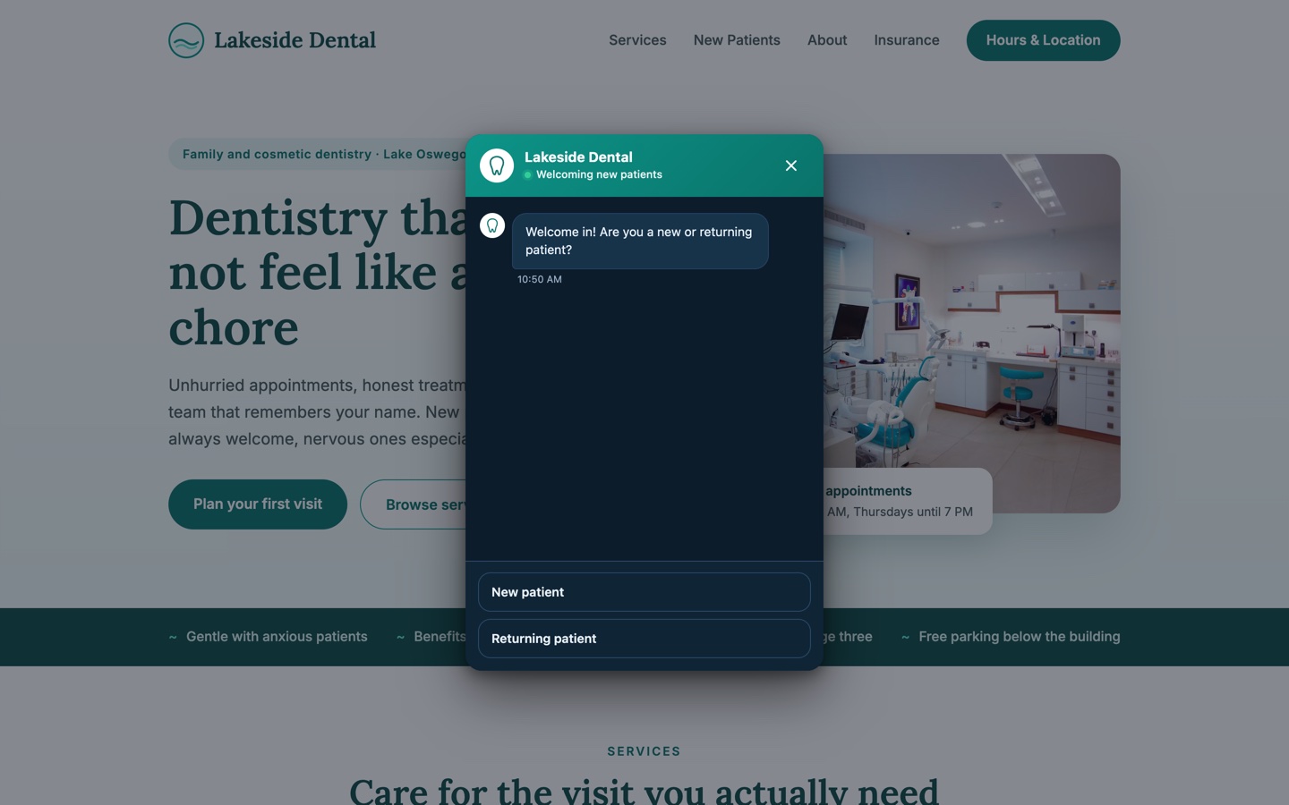 Lakeside Dental pop-up asking if the visitor is a new or returning patient