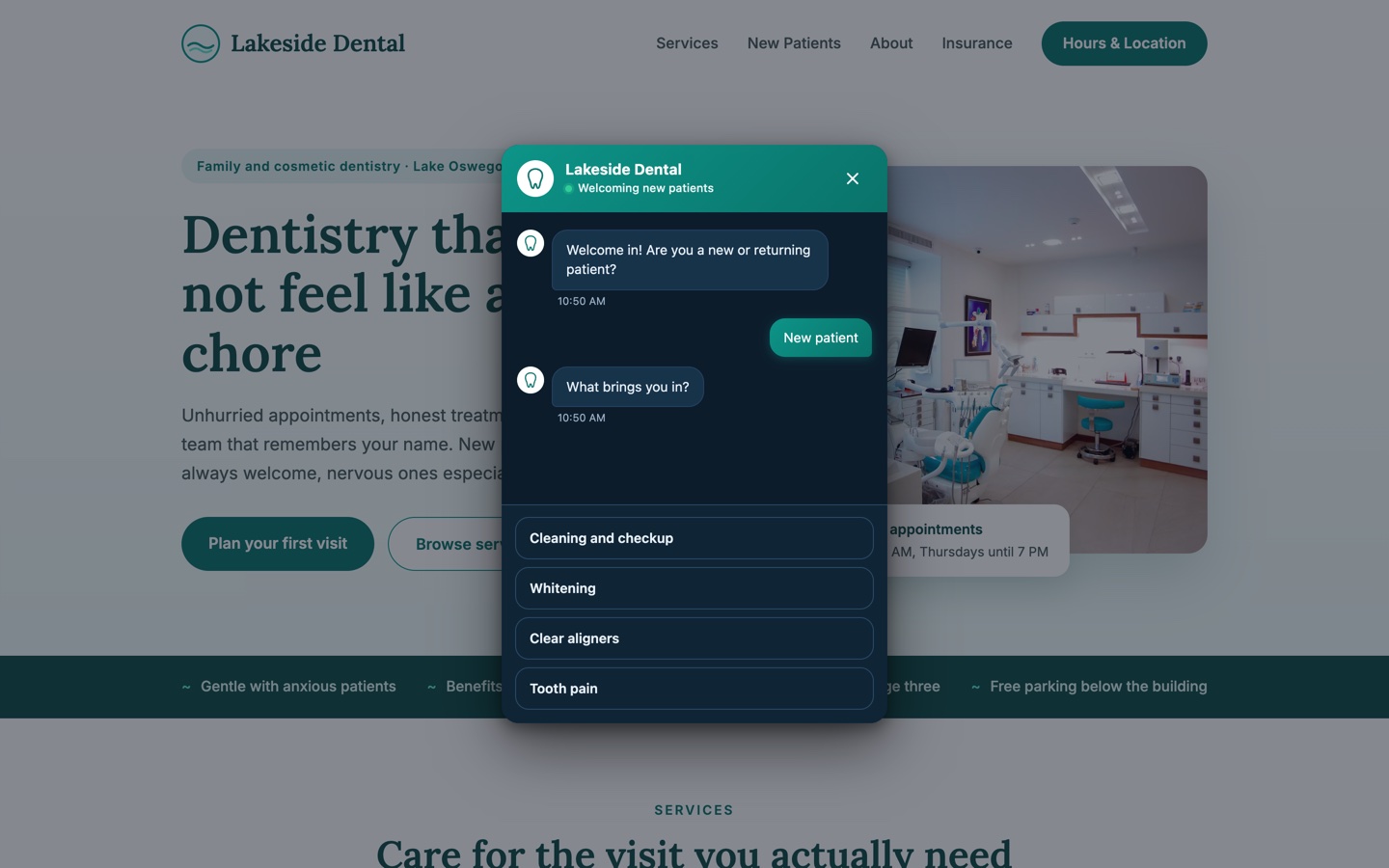 Lakeside Dental flow asking what brings the visitor in