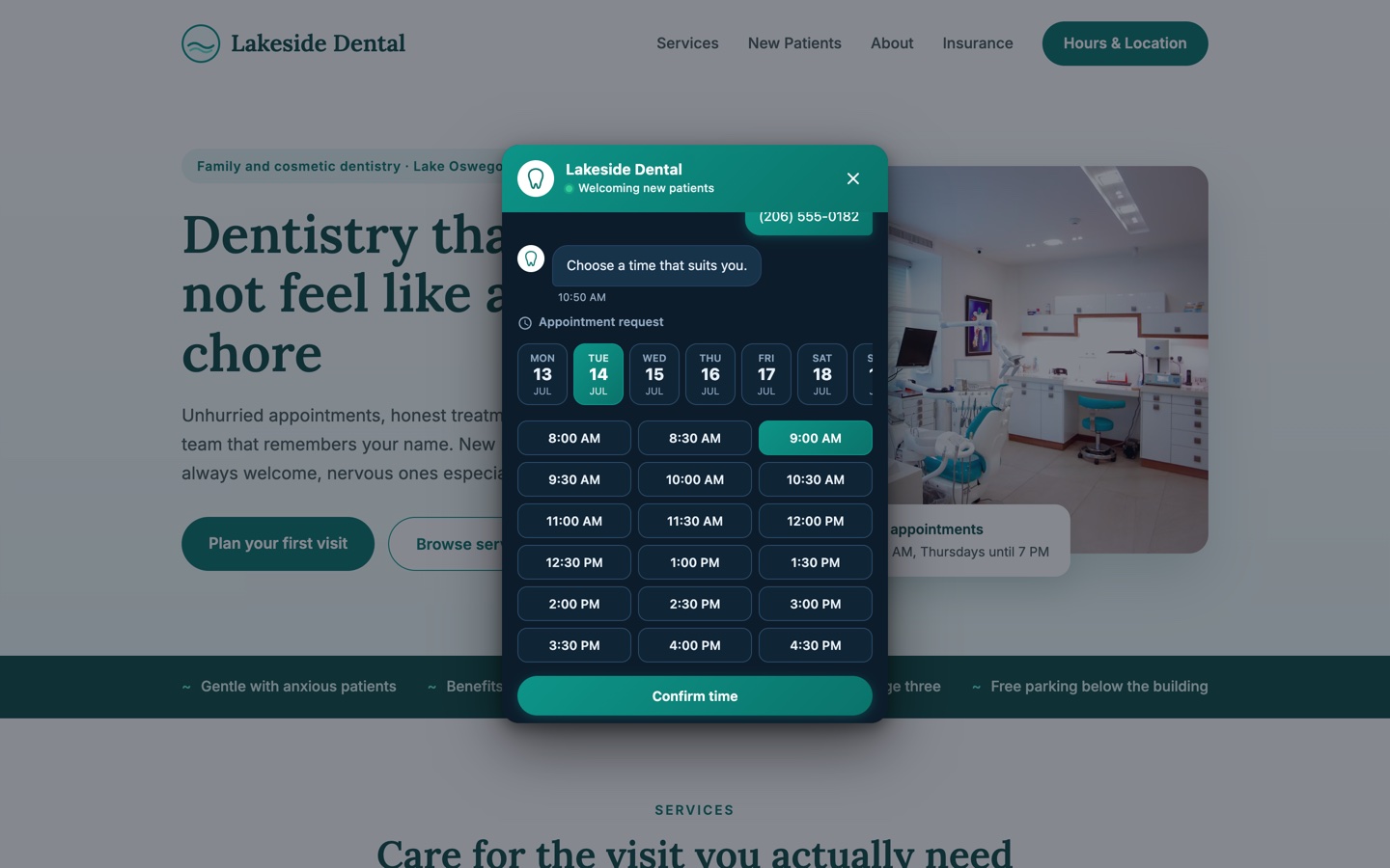 Lakeside Dental scheduler with an appointment time selected