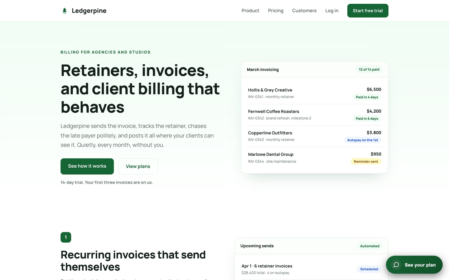 Ledgerpine feature page with the slide-out panel closed