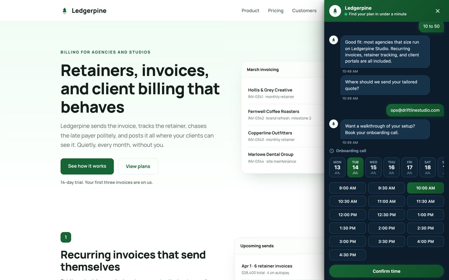 Ledgerpine scheduler with an onboarding call slot selected