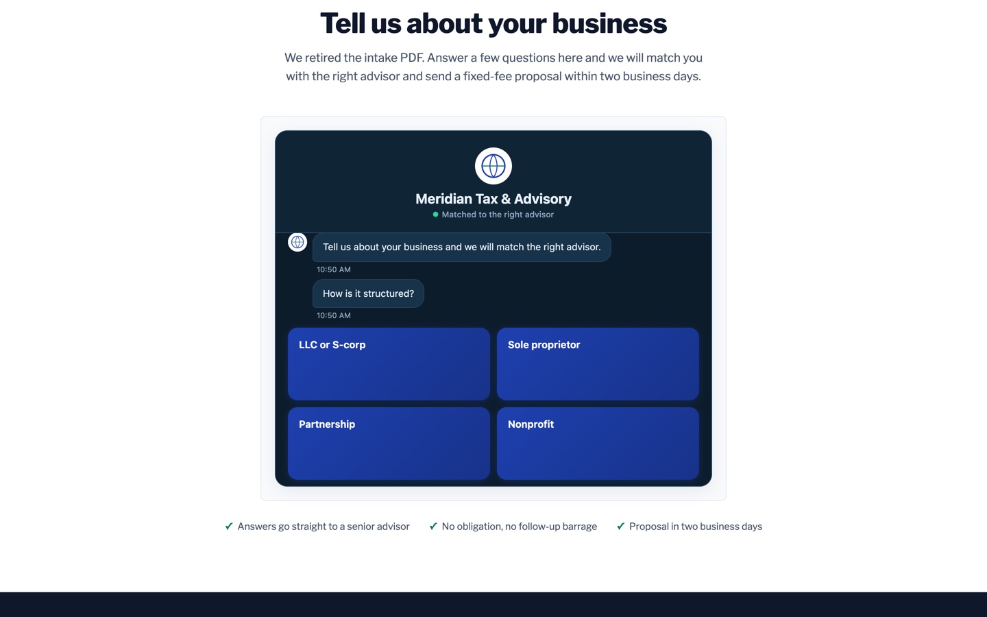 Meridian Tax and Advisory inline flow asking how the business is structured