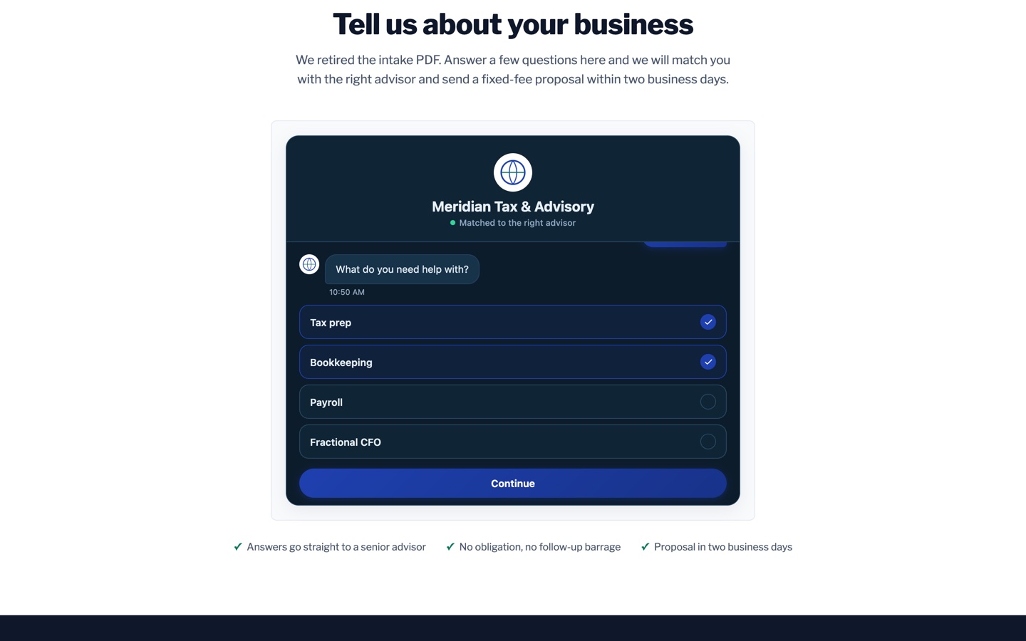 Meridian Tax and Advisory multi-select step with two services selected