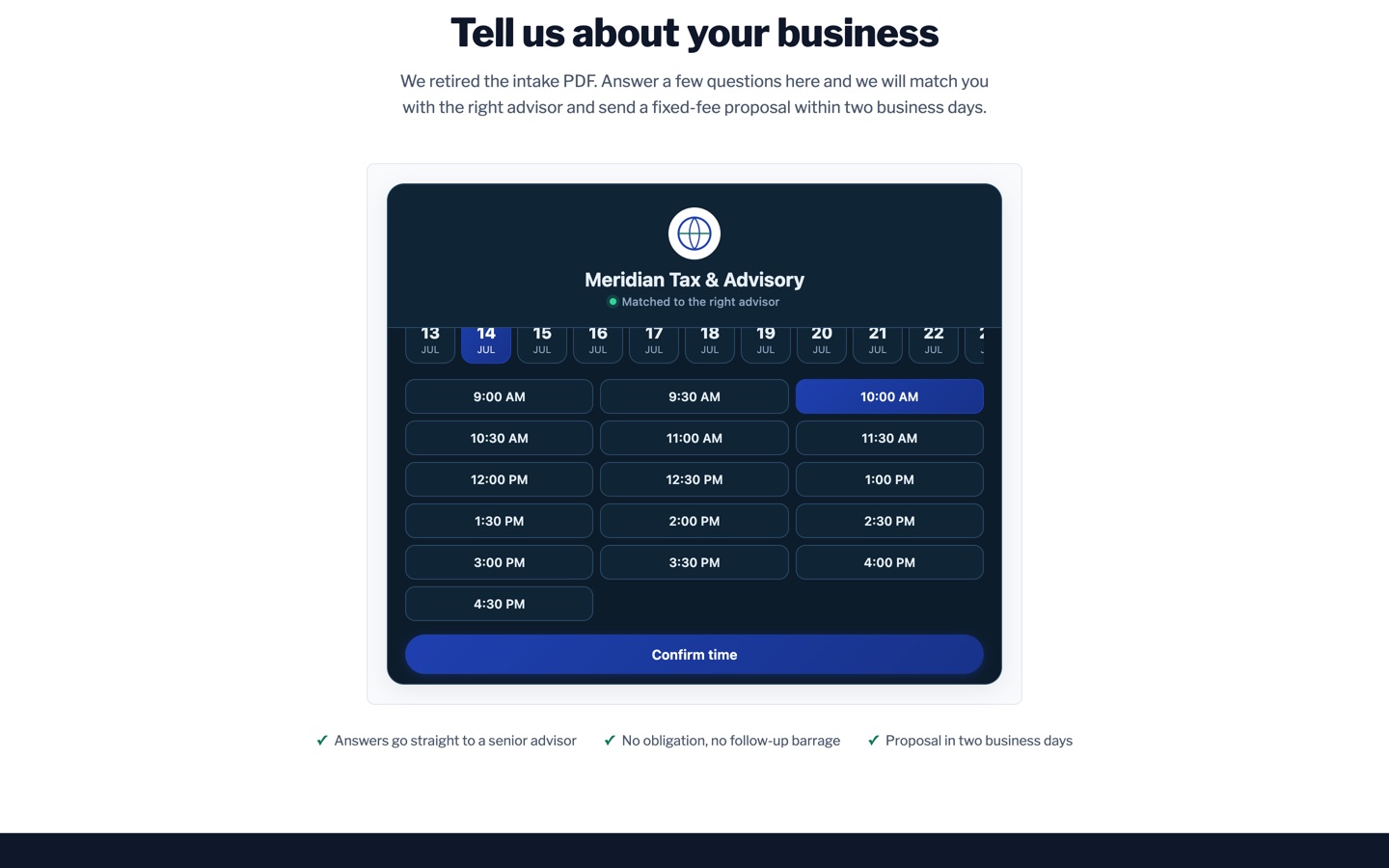 Meridian Tax and Advisory scheduler with an intro consult slot selected