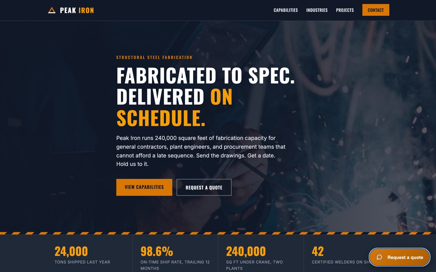Peak Iron capabilities page with the request a quote launcher in the corner