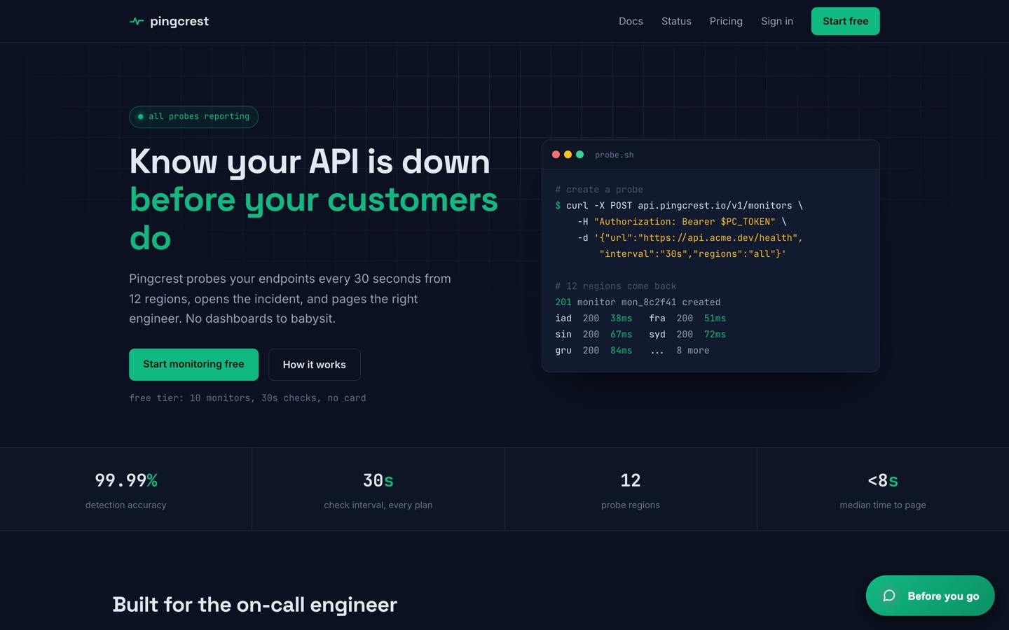 Pingcrest developer landing page before the exit intent pop-up appears