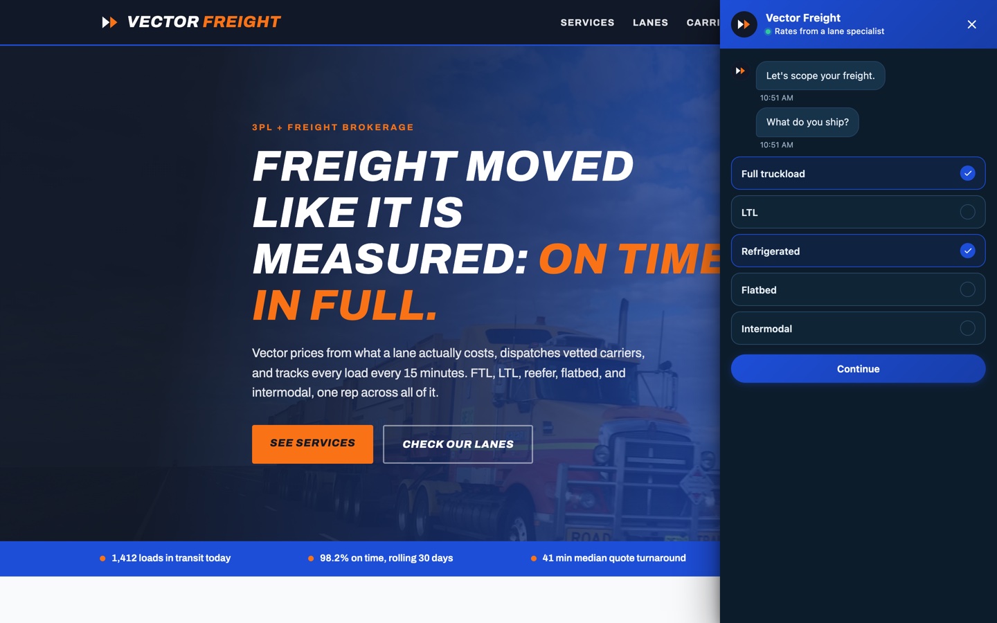 Vector Freight slide-out panel with two shipment types selected in the multi-select step