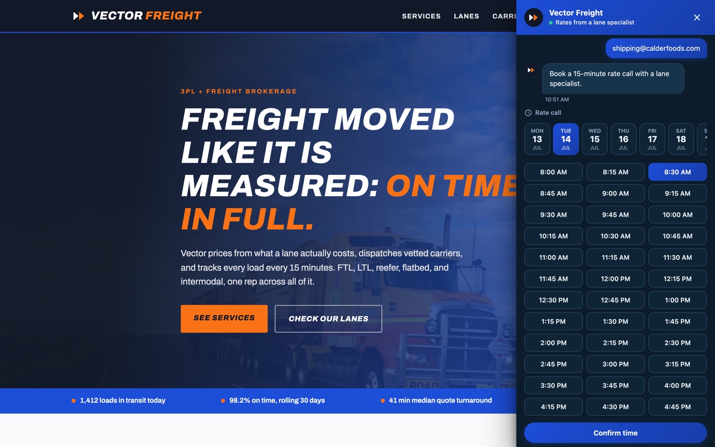 Vector Freight scheduler with a rate call slot selected