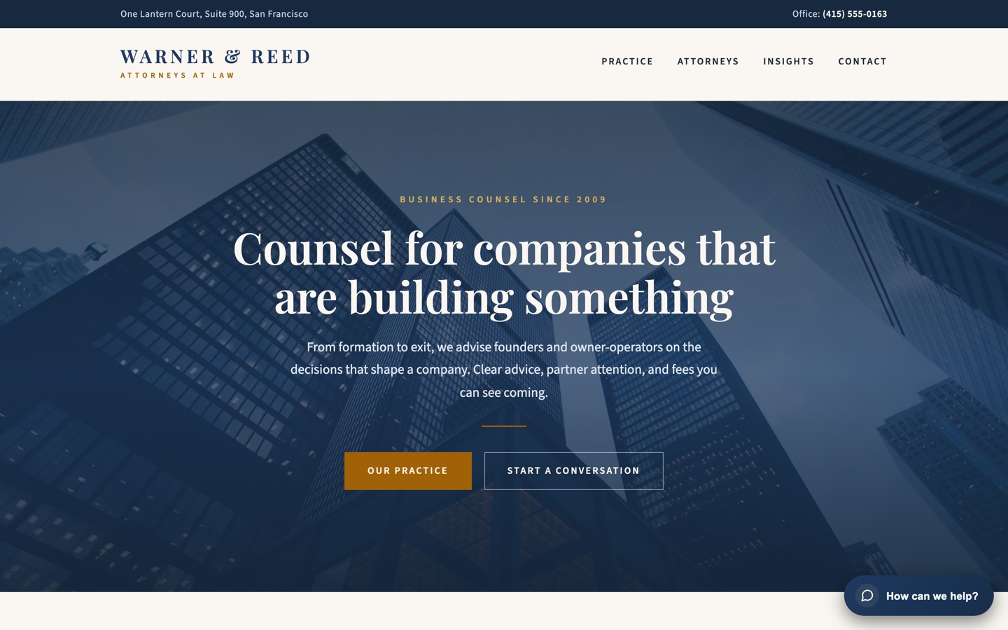 Warner and Reed law firm page with the slide-out panel closed