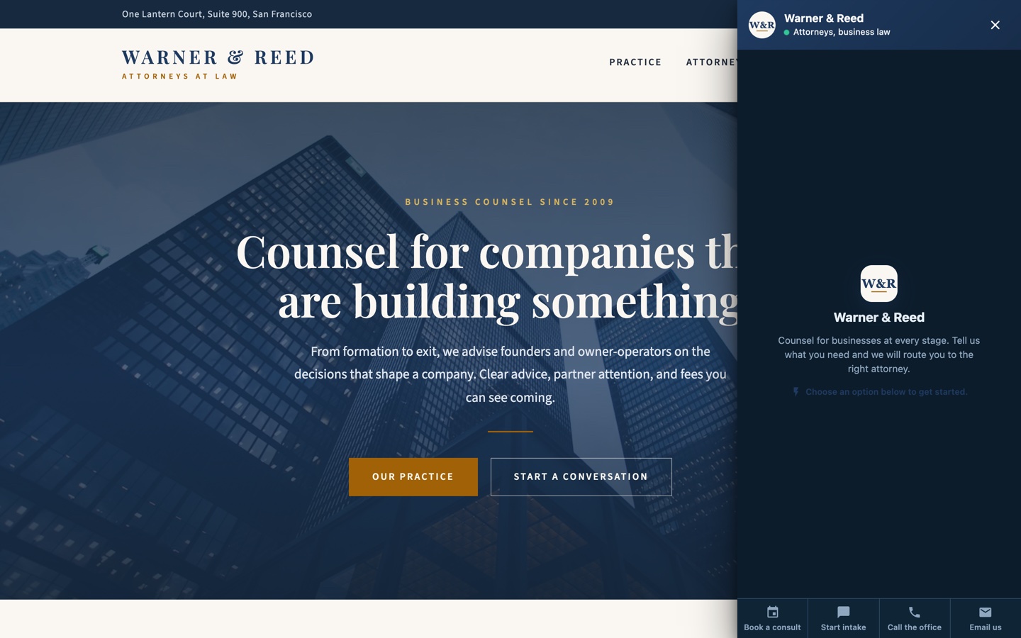 Warner and Reed welcome hub with book, intake, call, and email options