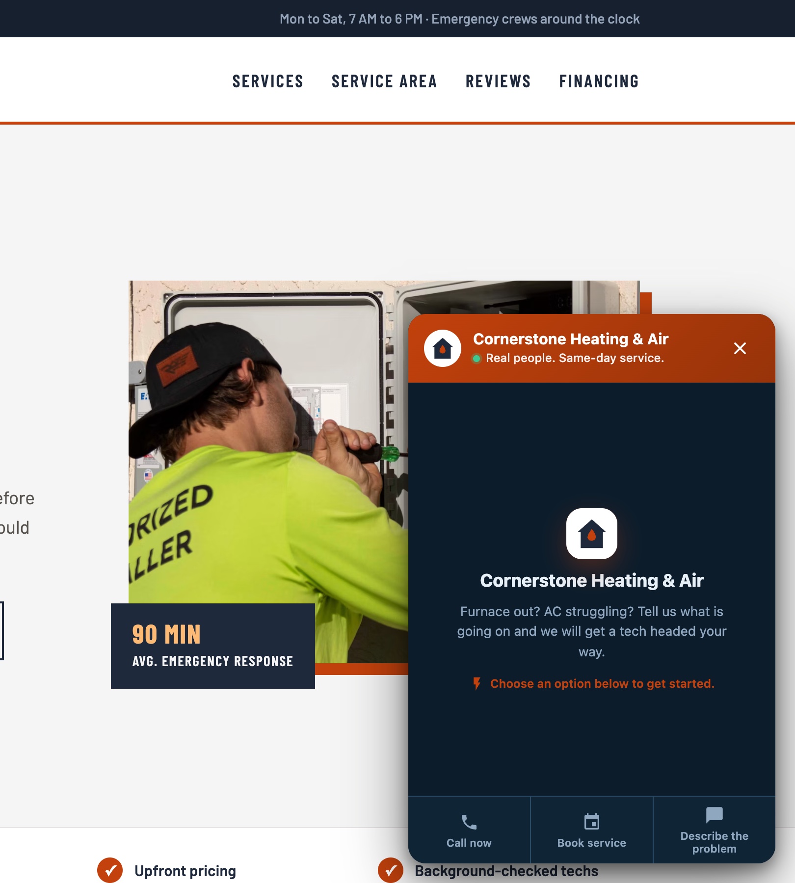 The Cornerstone Heating & Air chat bubble open on its welcome hub in the corner of the page