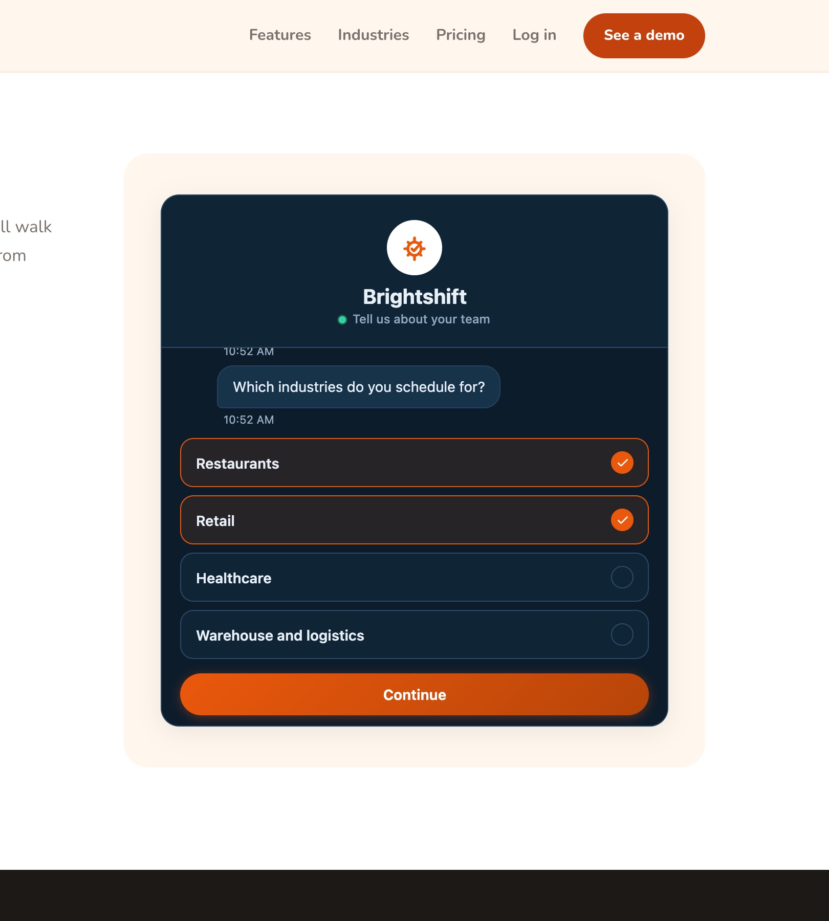 The Brightshift inline magnet embedded in the page with industries selected