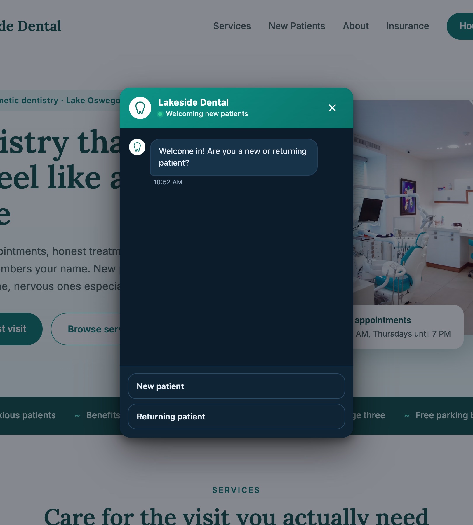 The Lakeside Dental pop-up magnet centered over the dimmed page, asking new or returning patient