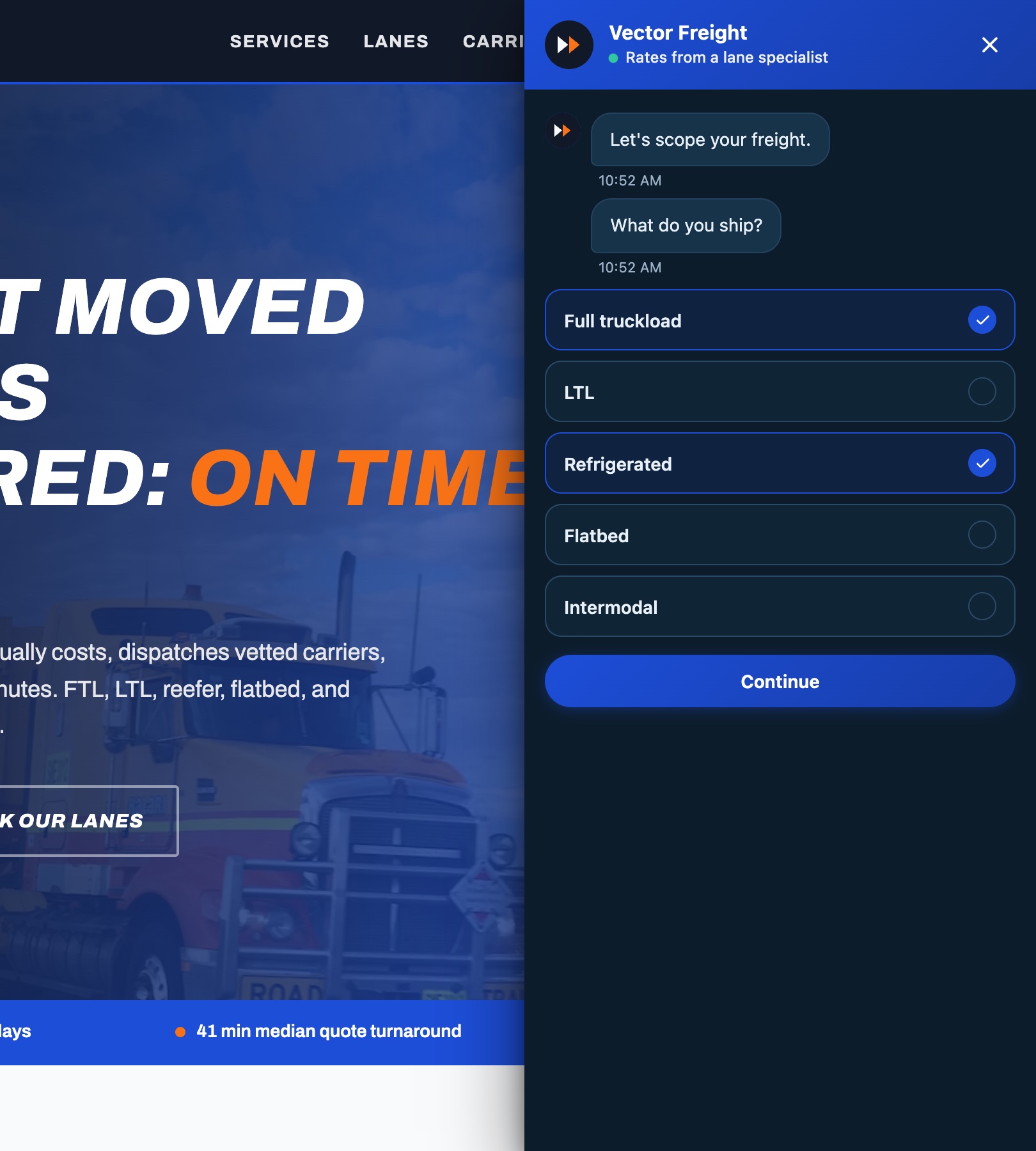 The Vector Freight slide-out panel over the page with shipment types selected