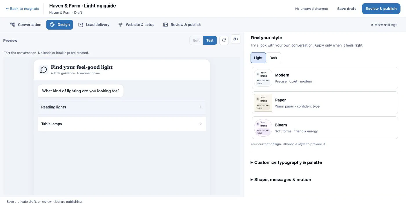 Magnet design editor showing a sample lighting guide and theme choices