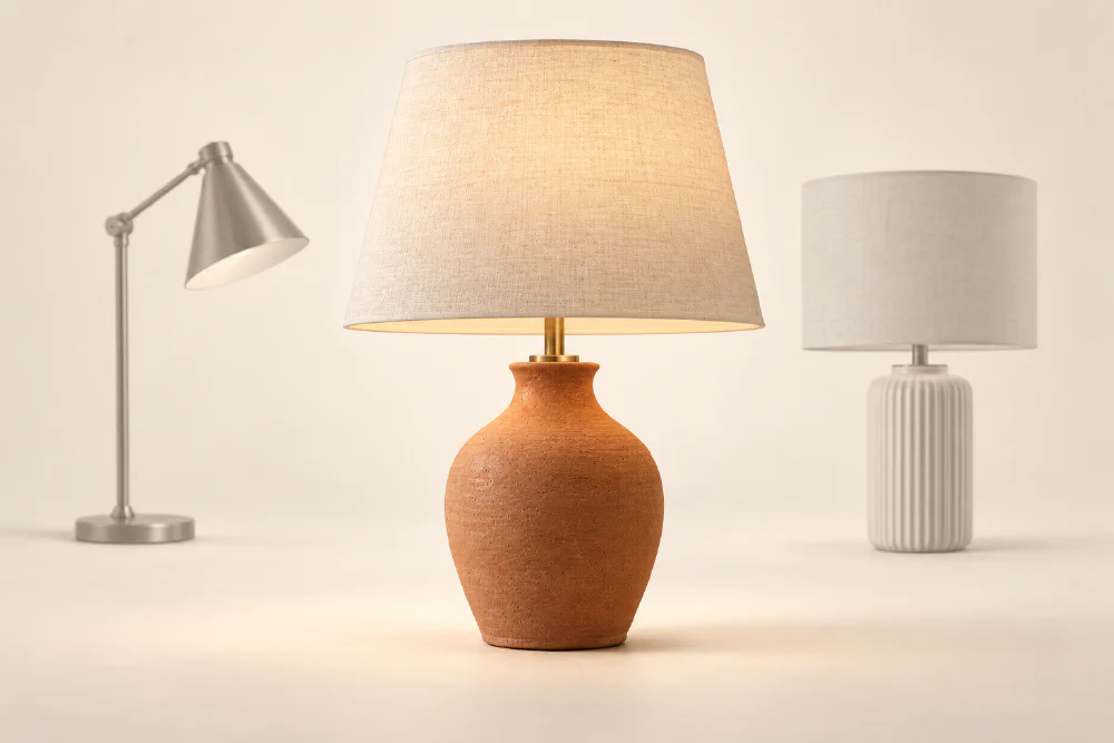 A warm terracotta lamp in color, with two alternative lamps muted behind it